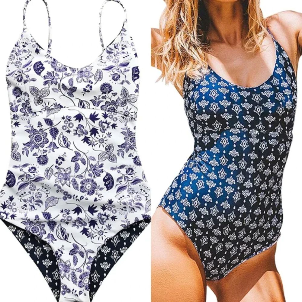 CUPSHE Blue And White Reversible Ladies Swimsuit Size M Light the Night New
